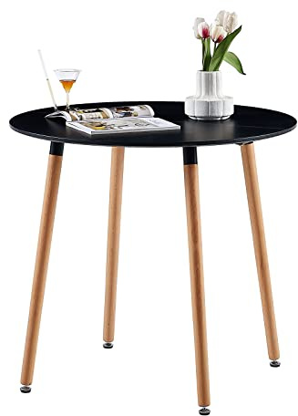 Buybyroom Modern Round Wood Dining Table With Natural Beech Wood Legs, 1.5(80 cm) Diameter, Black (Table Only)
