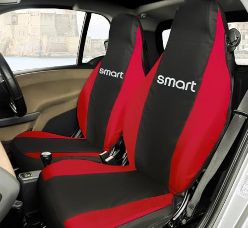 Rebeca Shop® Vordersitzbezüge kompatibel für Smart Fortwo 1., 2. und 3. Serie, W450, W451, W453, 2er-Set (schwarz/rot, mit Logo)