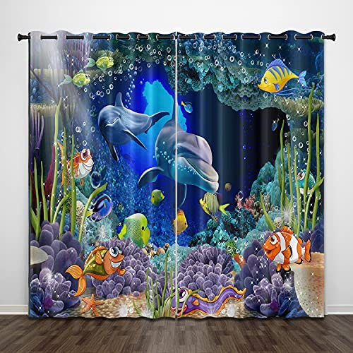 Generisch Blickdichte Vorhänge 2 Set mit Ösen Gardienen Delfine Rifffische Muster 3D Druck Schattierung Blackout Curtain Isolierung Verdunkelungsvorhang für Wohnzimmer Schlafzimmer W156 X H165 cm