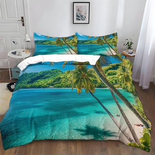 XCQHZYQ Housse de Couette en Microfibre Plage des Palmiers De Mer Parure de Lit Imprimé 2 Personne 220x240 cm, Literie Sets de Housses de Couettes avec Fermeture Éclair et 2 Taies d'oreiller 65x65 cm