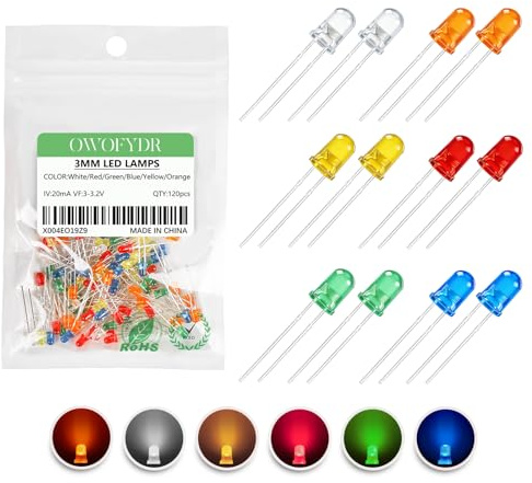 OWOFYDR 120Pcs 3mm LED Diode Assortment Kit, 6 Color Diffused Round LED Lights 3V 20mA for Arduino DIY, Breadboard, Scientific Experiments (6 Colors x 20 pcs)