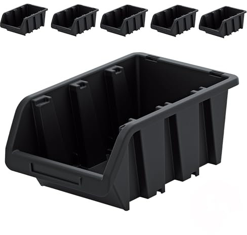 PECZEKO Lot de 5 boîtes empilables d'atelier en plastique PP - Boîtes de rangement pour mur à outils - Noir - 49 x 29,8 cm