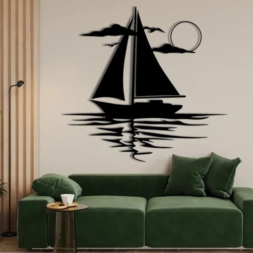 ENJOYOO Sunset Metal Wall Art, Sailboat Metal Wall Decor, Wall Art Sailboats for Living Room, Bathroom, Outdoor (Black, 47×45in/120×113cm, metal wall art)