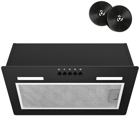 FIREGAS Hotte Aspirante 52cm Encastrable, 3 Vitesses, Éclairage LED, Evacuation/Recyclage, Filtre Charbon Inclus, Hotte de Cuisine Invisible Noir