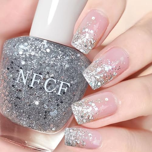 Glitter Nail Polish - Silver Glitter Nail Varnish - Diamond Flash Clear glitter Nail Polish - Air Quick Dry Shimmer Silver Nail Art Polish - Long Lasting Sparkly Nail Paint For Women Girls