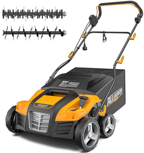Alloyman Dethatcher e scarificatore elettrico 2 in 1 da 40,6 cm, motore in rame da 15 Amp, Dethatcher elettrico e aeratore con borsa da 14,5 litri, regolazione a 5 posizioni, piegatura rapida, Ldeal