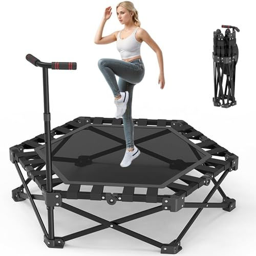 Foldbar rebounder -trampolin, tyst mini -fitness trampolin för hemträning med justerbar handtagsfält, tyst träningstrampolin för personlig inomhusträning