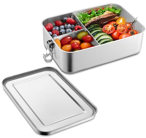 Joyfair Lonchera de acero inoxidable, caja bento de 850 ml con 1 compartimento extraíble, recipientes de metal para almacenamiento de alimentos para adultos y niños, clips con cerradura y a prueba de