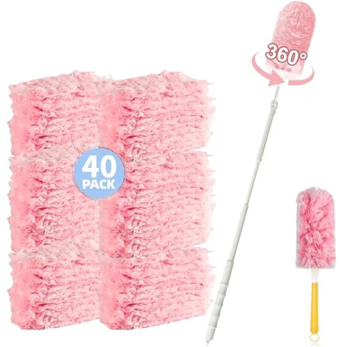 42 Stück Kompatibel mit Swiffer Staubmagnet Nachfüllpack, 360° Staubwedel für Swiffer Duster Nachfüllung für Tierhaare, Staub, Schmutz, Unparfümiert (40 Tücher + 1 Teleskopgriff + 1 Handgriff)