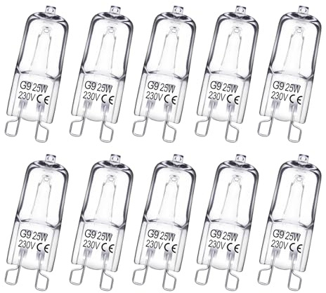 KOOSREEL G9 Halogen Light Bulbs, 25W 230V 10 Packs Clear Capsule 2 Pin Lamp Bulb Halogen Pin Base Warm White Dimmable