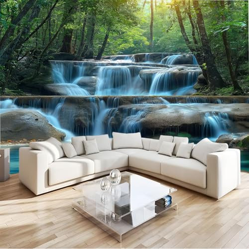 Papel Pintado Paisaje Natural Cascada Bosque 250 x 175 cm Fotomurales decorativos modernos de pared en tejido no tejido Verde, para murales fotográficos para salón o dormitorio