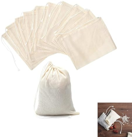 Pence & Moon Collective 50 Pack Cotton Muslin Bags with Drawstring, 8 * 10cm 100% Cotton Reusable Mesh Bags for Cooking, Soup, Tea Coffee Filter, Spice Storage