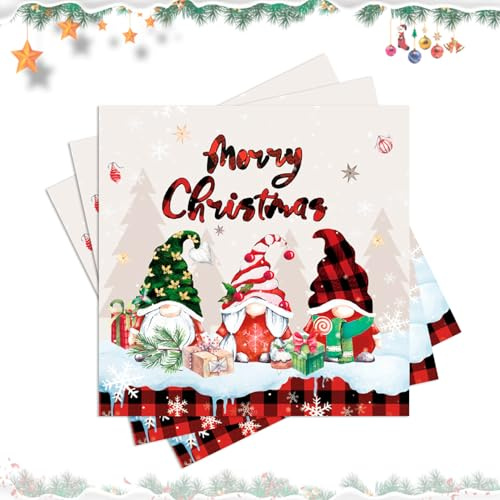 Lot de 40 serviettes de Noël amusantes rouges avec lutin et sapin de Noël - Décoration de table de Noël - 33 x 33 cm