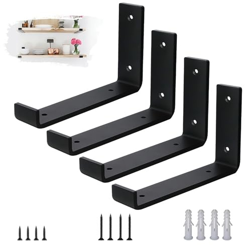 VTOPVMAX Lot de 4 Equerre Etagere Murale - Supports Muraux en Acier de 5mm d'Épaisseur pour Charge Lourde avec Rebords, Kit d'Équerre Murales de Style Industriel Rustique Noir 20cm
