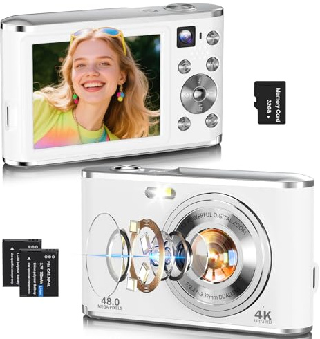 Fotocamera digitale 4K, autofocus 48 MP, fotocamera vlogging per fotografia, compatta punto e scatta digitale con zoom 16x, scheda da 32 GB, schermo da 2,8, anti-vibrazione (bianco)