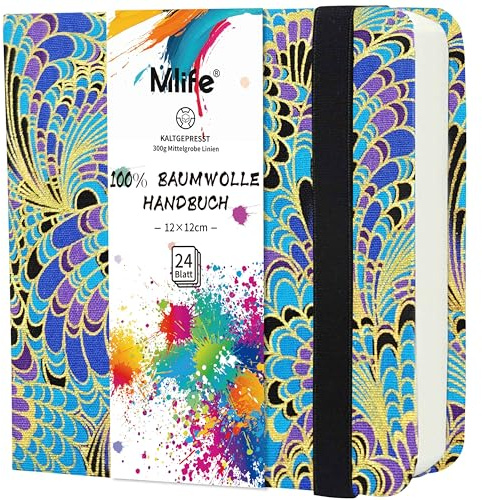 Mlife Cuaderno De Bocetos Cuadrado De Doble Cara En Papel De Acuarela,100% Algodón, 300 G/M², Libre De Ácido, Bloc De Acuarela Ideal Para Amantes Del Arte, 12,5 X 12,5 cm, Plumas Azules