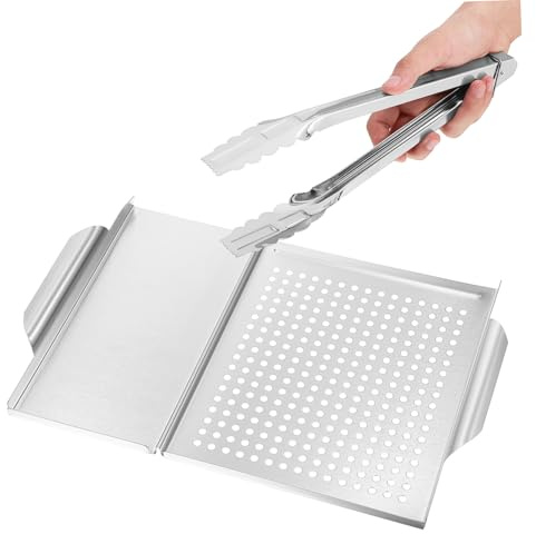 ULTECHNOVO Bandeja de Acero Inoxidable para Barbacoa con Asas y Pinzas Sartén Perforada para Asar Carnes Verduras y Mariscos Resistente y Portátil para Parrilla