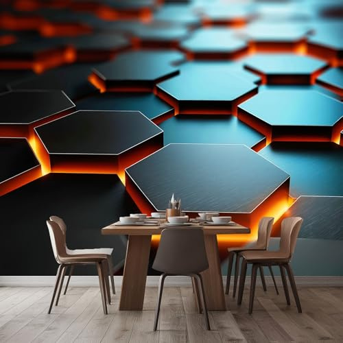Papel Pintado Panorámico Hexágono Geométrico Negro 400x280 cm Fotomurales No Tejido, Murales Decoración Póster Pared Personalizado 3D Para Salón Dormitorio