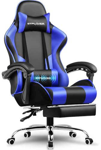 GTPLAYER Silla para Videojuegos, Silla de Oficina, Silla ergonómica para PC, sillón de Gaming con Soporte Lumbar de Masaje, sillas de Tarea con reposapiés y reposacabezas, Piel sintética Azul