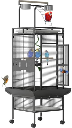 GarveeLife Large Bird Cage 60-inch Playtop Metal Bird Cages with Rolling Stands, Feed Bowls for Parakeets, Conures, Parrot Cage for Medium Large Parrot Cage with Slide-Out Tray Seed Guard, Black