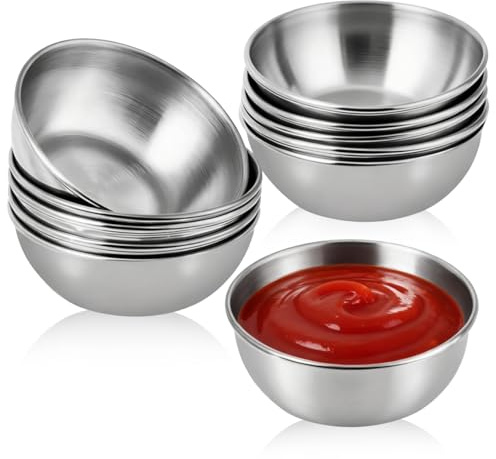 YTSMFL Juego de cuencos de acero inoxidable de 8 piezas, 9 cm, apto para lavavajillas, tazones apilables con plato para servir ensaladera, cuenco de metal plateado para salsa