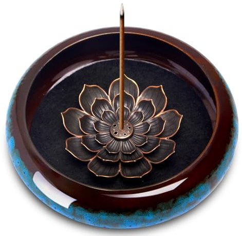 Räucherstäbchenhalter mit Abnehmbarer Lotus Design Räuchergefäß für Yoga | Leicht Zu Reinigen Räucherstäbchen Halter für Meditations-Keramik Räucherschale für Räucherstäbchen Kegel Spiralen-Blau