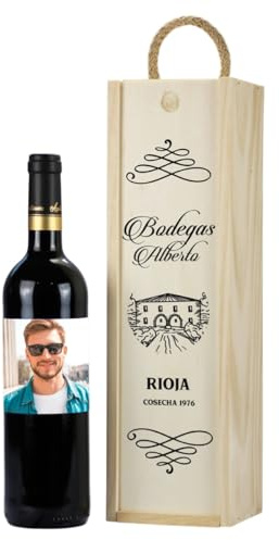 Regalisimos Botella de Vino Personalizada con Foto Caja Regalo Pareja Amigo Amiga Novio Novia San Valentín Cumpleaños día del Padre Cosecha (Caja 1 Botella)