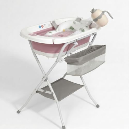 BATHBY| Bañera Plegable de Bebé con Soporte Patas Antideslizantes | Portátil | Tubo Desagüe | Cesta para Juguetes y Organizador para Champú | Ligera, Compacta y Segura para Baño (Rosa Cojín Regadera)