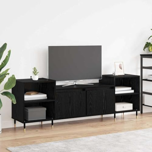 Traylux Mueble para TV con aspecto de roble negro, 160 x 35 x 55 cm, material de madera con 2 puertas, 4 estantes, espacio de almacenamiento para sala de estar, cine en casa, videojuegos y consola de