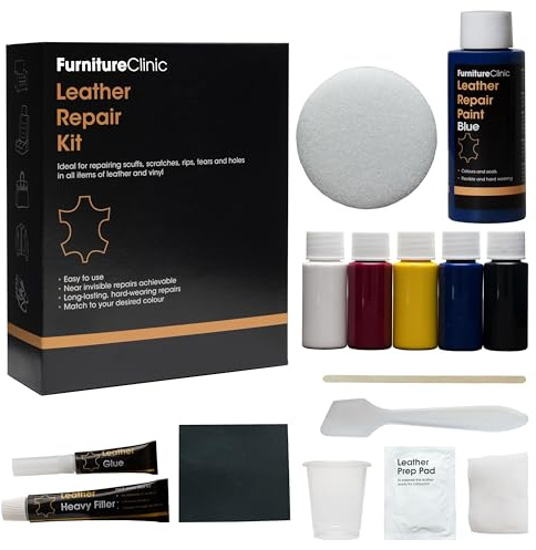 Furniture Clinic Complete Leather Repair Kit (Blue) | For Sofas, Car Seats, Furniture, Chairs of Leather - Patch, fill and touch up scratches, tears and other damaged areas