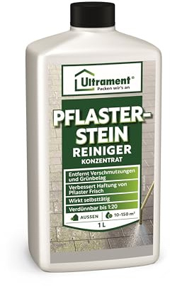 Ultrament Pflasterstein Reiniger 1 L Konzentrat | entfernt Algen & Grünbelag auf Beton- & Pflastersteinen außen | wirkt in 24 Stunden, verdünnbar bis 1:20