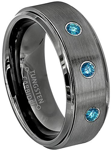 Jewelry Avalanche 0.21ctw Blue Diamond 3-Stone Mens Tungsten Ring - April Birthstone Ring - 8MM Brushed Gunmetal (Dark Gray) Mens Tungsten Carbide Wedding Band, Anniversary Ring - 7