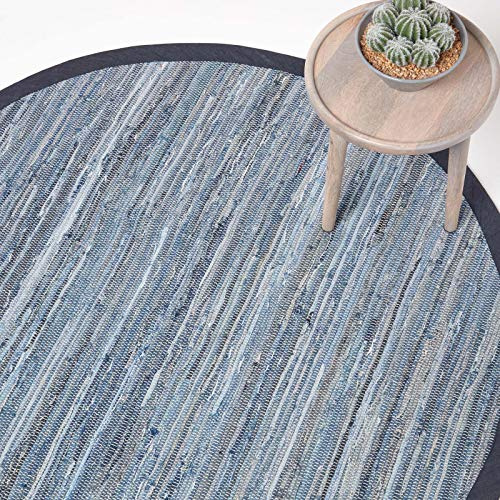 HOMESCAPES Trasmatta av 100 % återvunnen blå jeans, handgjord, miljövänlig, rund matta av äkta jeanstyg, randig, 150 cm