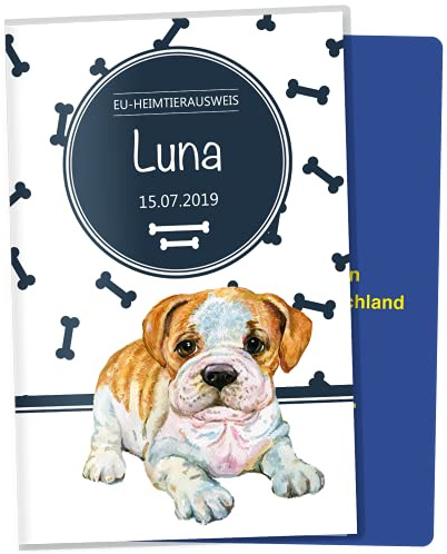 EU-Heimtierausweis Hülle Bone Tierausweis Schutzhülle schöne Geschenkidee personalisierbar mit Namen und Geburtsdatum (Englische Bulldogge, EU-Heimtierausweis personalisiert)