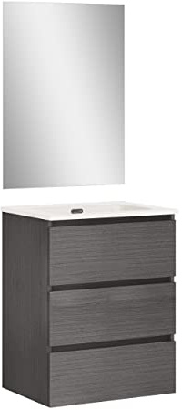 Baikal | Conjunto Completo de Mueble de Baño Suspendido a la Pared con Lavabo Cerámico y Espejo | Tres Cajones, Cierre Amortiguado, Melamina 16mm | Mueble MONTADO | Ceniza | 70cm