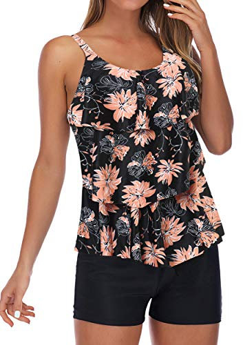RXRXCOCO Plus Size Tankini Swimsuits for Women with Shorts Tankini Tops Tummy Control Bathing Suit Pink Black