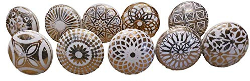 Pushpacrafts Xfer 003 Möbelknäufe, Vintage-Look, Keramik, Blumendesign, goldfarben / Weiß, 10 Stück