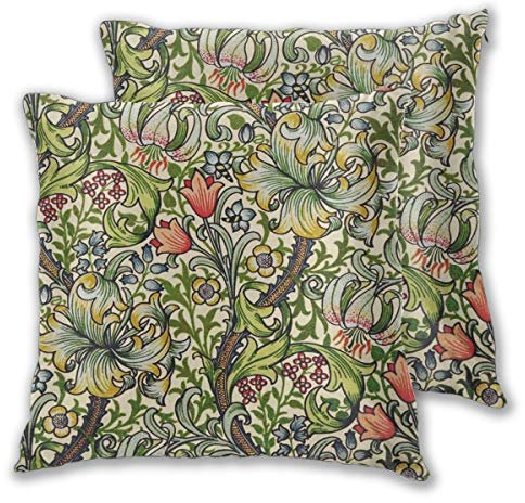Art Fan-Design Cushion Cover William Morris Golden Lily Vintage Floral Set of 2 Square Throw Pillow Case Sham Home for Sofa Chair Couch/Bedroom Decorative Pillowcases
