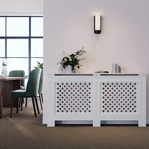 ELEGANT Radiator Cover Cross Slat Pattern Radiator Shelve, Large, 19Dx152Wx82H cm | White Painted Modern MDF Cabinet for Living Room Bedroom Hallway