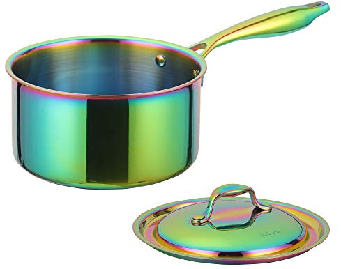 BuyGo 18/8 Stainless Steel Saucepan, 2.5 Quart Rainbow Pan with Heat Resistant Long Handle, 3-Layer Multipurpose Cookware Pot, Compatible Stovetops: Gas, Electric, Dishwasher Safe