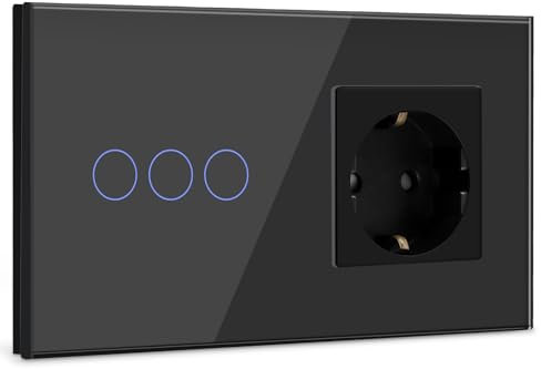 BSEED Interruptor con Enchufe,3 Gang 1 Vía interruptor luz pared con Enchufe de pared,Negro Interruptor tactil de Luz pared con indicador LED,enchufes de extensión con panel de vidrio templado