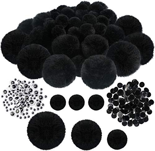 60 Pompones Negros Pompones de Manualidades, Incluyen 20 mm/ 38 mm/ 50 mm, 120 Ojos Móviles y 60 Pares de Puntos Adhesivos para Manualidades Vacaciones