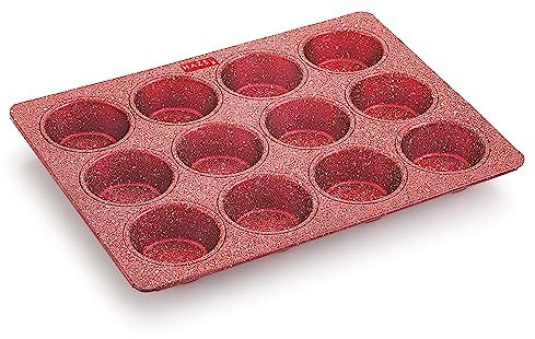 Hazel Molde de aluminio para magdalenas, apto para microondas, 12 tazas, acabado de granito, antiadherente, bandeja para hornear chocolate, para casa y panadería (rojo)