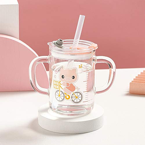 IBLUELOVER Tasse à Lait en Verre avec Paille Silicone Verre Transparent avec Échelle 300 ml et Couvercle anti-fuite Tasse d'eau Gobelet Résistant à Micro-ondes Joli Tasses Verres 4-6ans