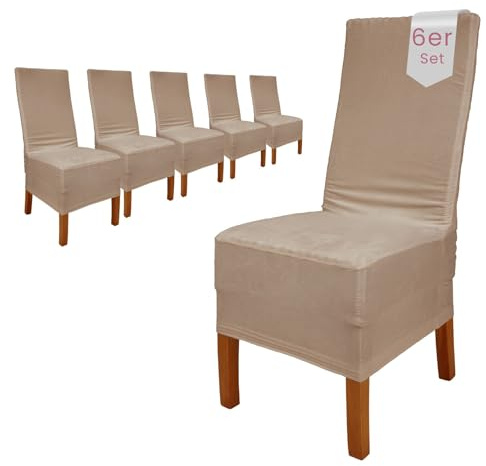 Scheffler Home Stuhlhussen Samt Stein-Beige 6er Set Puma | Weiche Velours-Stuhlbezüge, elastisch und waschbar, für Hochlehner, Polsterstühle und Esszimmerstühle