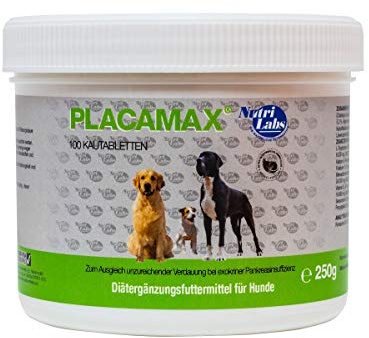 NutriLabs Placamax® Compresse per Cani 100 Pezzi - Compresse per la digestione con polvere di ananas, vitamine, polvere pancreatica ecc. - Prodotti per la salute per cani - Integratore alimentare cane