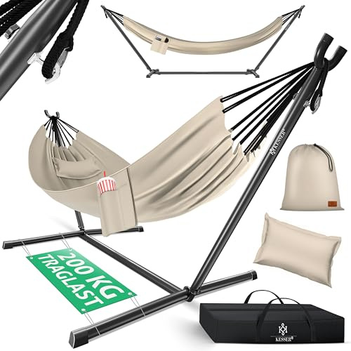 KESSER® Hamaca Lake con Estructura Doble para 2 Personas - Resistente Marco 200kg Capacidad Interior y Exterior XXL Columpio Doble Multijugador Jardín Piscina Balcón Terraza, Beige