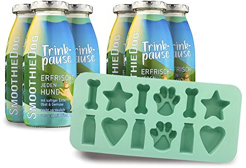 SmoothieDog Eiswürfelform aus Silikon + 6x Trinkpause (Ente) je 250ml Hundesmoothie - Hundeeis selber machen - BPA-frei, Eisform, Herz, Stern, Pfote, Knochen, Eiswürfelform, Hundekekse backen