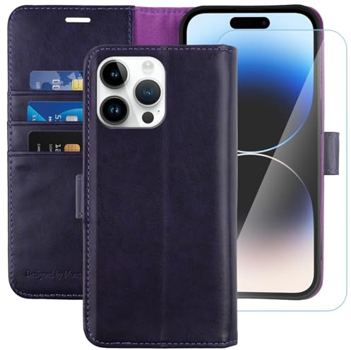 MONASAY Wallet Case for iPhone 14 Pro with 3 Card Holders - Purple | Kickstand,RFID Blocking,6.6 feet of shock absorption,PU Leather, Strong Magnetic Closure, Fits 6.1 inch ONLY,Protective film