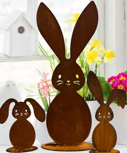 Terma Stahldesign Rost Figuren Osterhasen Set mit Bodenplatte Handmade Germany Osterdeko für draußen und drinnen Gartendeko Frühling Metall Deko Ostern Hase außen innen XXL